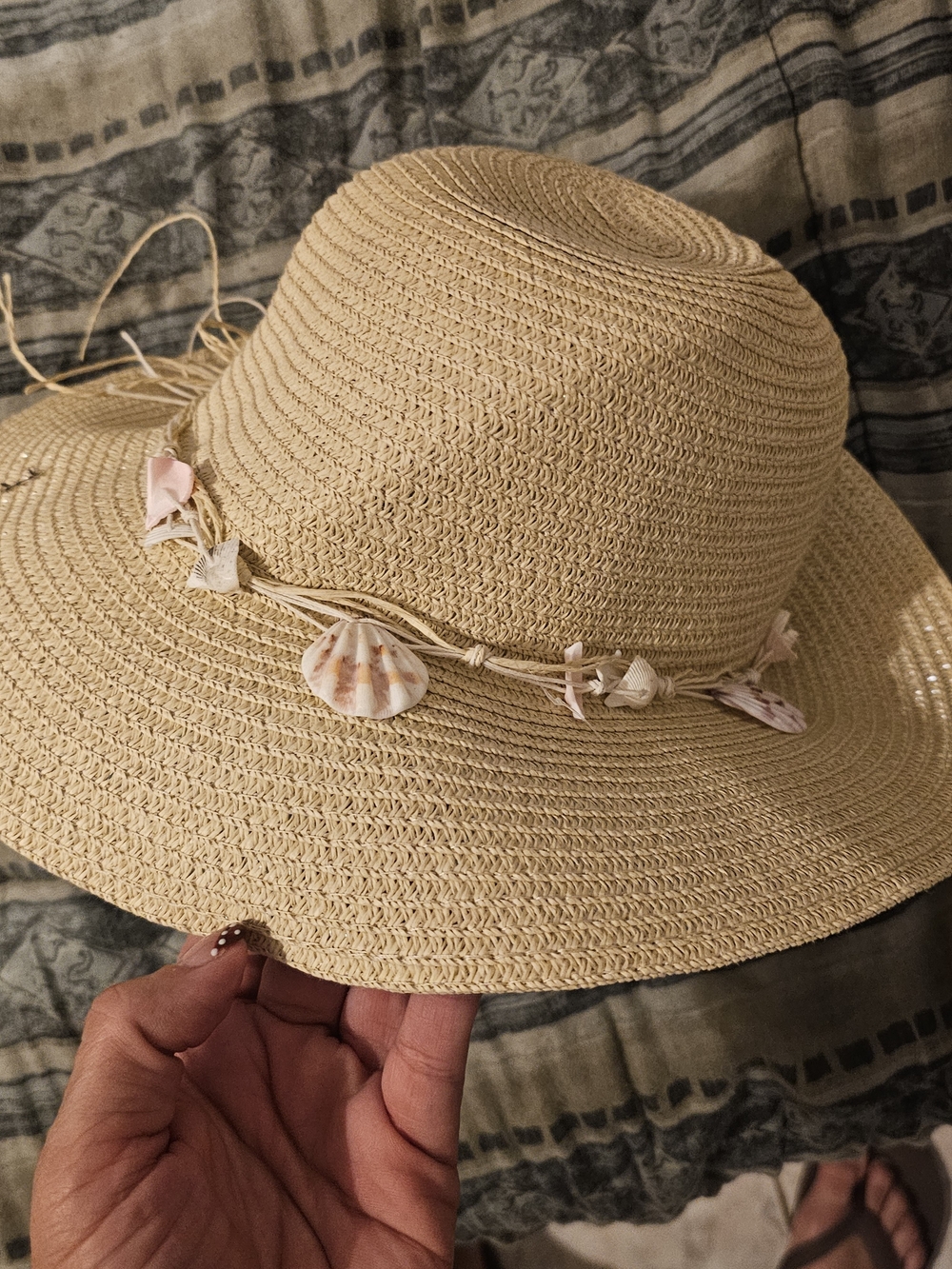 Straw Sun Hat with Shell Trim - Beige